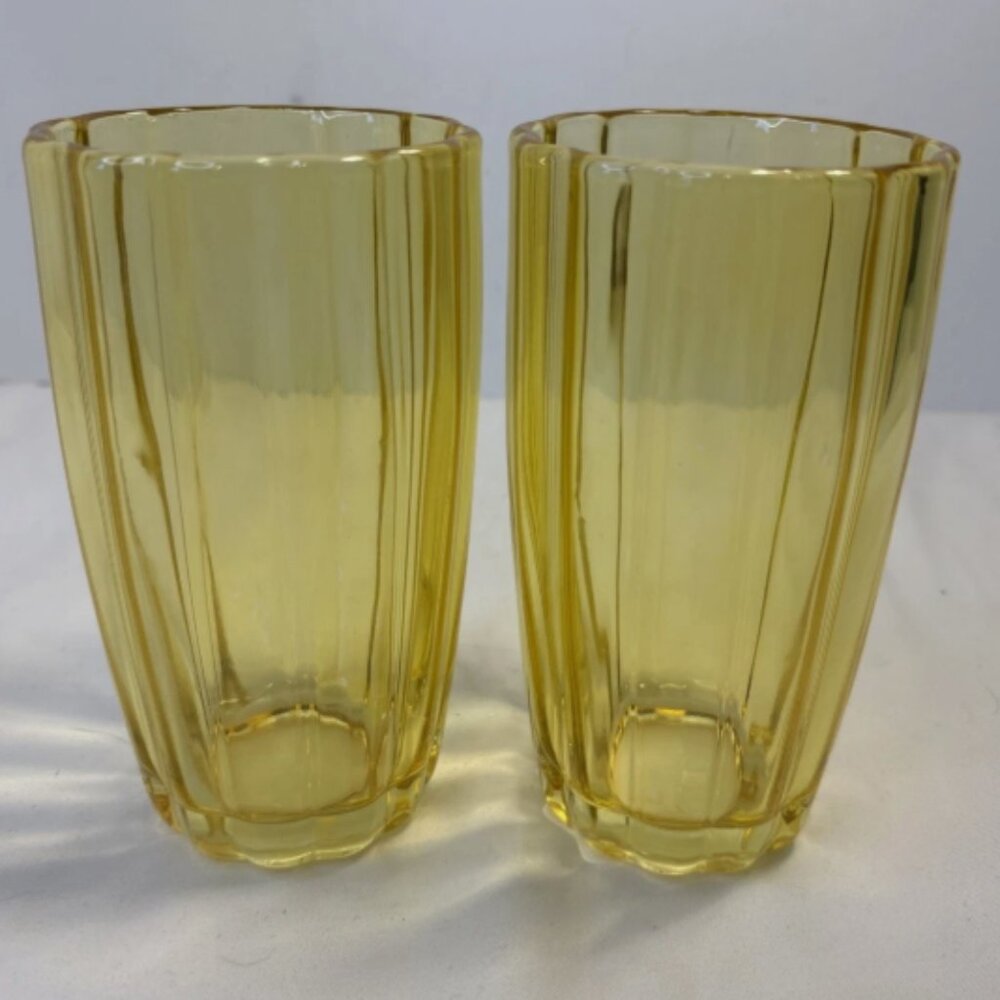 Scalloped 12oz Yellow Glass Tumblers Set of 2 Drinking Glasses 5.5'' Tall